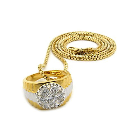 Stripe Cubic Zirconia Ring Necklace with 2mm 30" Box Chain - Gold-Tone