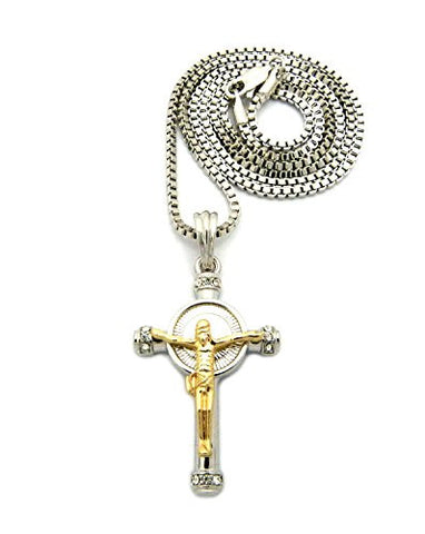 Silver Two-Tone Celtic Cross Pendant 2mm 24" Box Chain Necklace