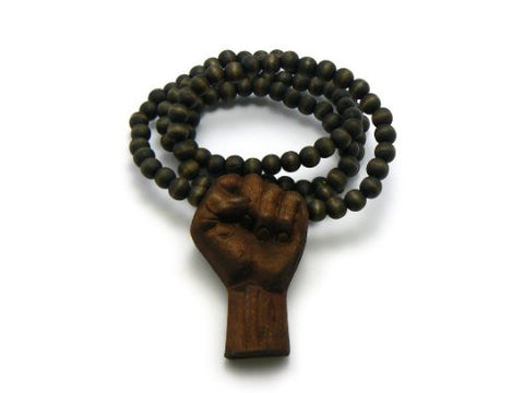 Raised Fist 3D Wood Pendant Necklace with 8mm 36" Wooden Bead Chain - Brown-Tone