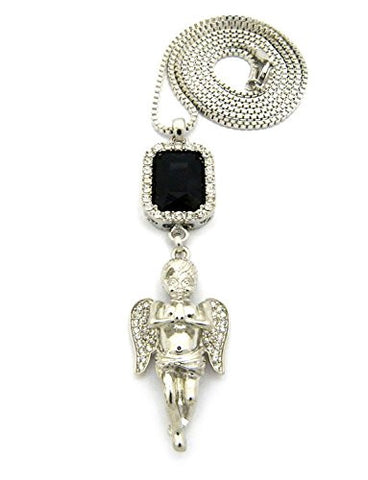 Faux Onyx Stone with Pave Prayer Angel Pendant 2mm 30" Box Chain Necklace in Silver-Tone