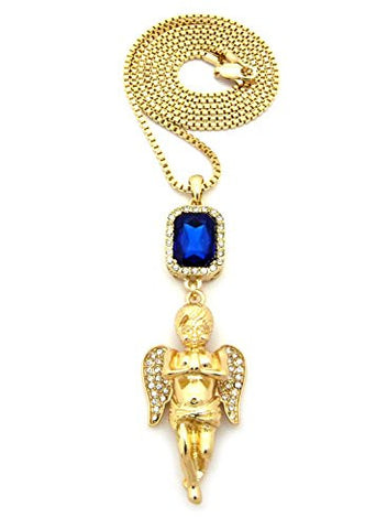 Blue Stone w/ Stone Stud Prayer Angel Pendant Box Chain Necklace