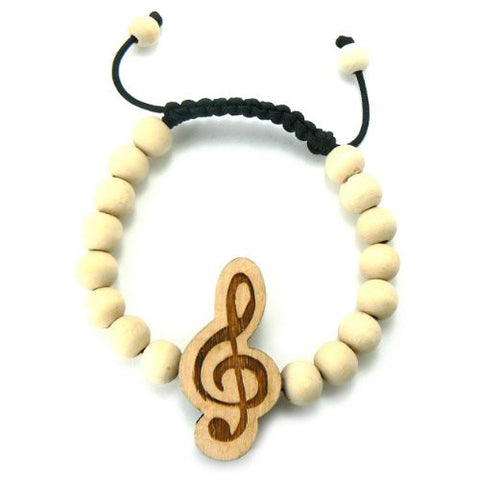 G Clef Music Symbol Wooden Pendant Wood Bead Bracelet in Natural-Tone WB1NL