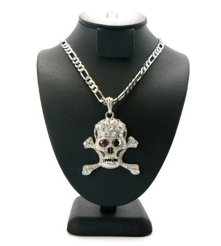 Iced Out Skull Head Pendant w/ 5mm 24" Figaro Chain in Silver Tone MSP139R