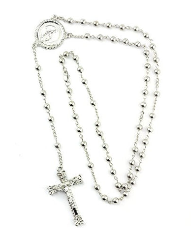 Paved Round Mary Pendant and Cross Rosary Necklace - Silver-Tone R15R