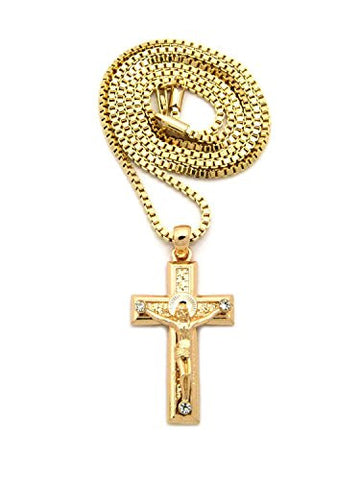 Stone Stud Crucifix Jesus Cross Pendant 2mm 24" Box Chain Necklace in Gold-Tone