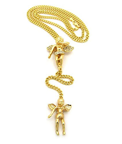 Pave Floating & Solid Fairy Angel Pendant 3.5mm 27" Cuban Link Chain Y Necklace - Gold-Tone