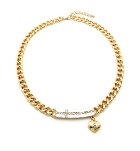 Curved Cross ID Pendant with Heart Charm 9mm 16" Link Chain Necklace in Gold-Tone