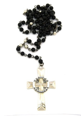 Mini Silver Tone Veritas Aequitas Cross Pendant w/ 38" Glass Bead Rosary Necklace