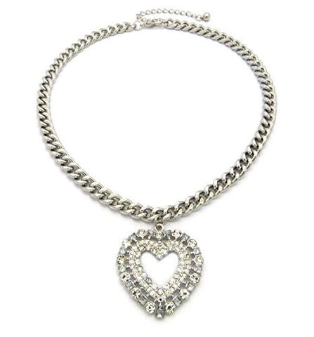 Pave Hollow Heart Pendant 8mm 18" + Extension Link Chain Necklace in Silver-Tone