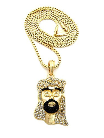 Black Stone Bearded Jesus Face Pendant 2mm 24" Box Chain Necklace in Gold-Tone