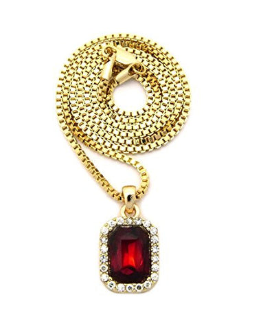 Pave Faux Ruby Stone Pendant w/ 2mm 24" Box Chain Necklace in Gold-Tone