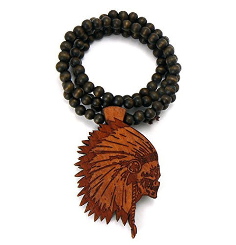 Skull Head Chief Wood Pendant 36" Wooden Bead Chain Necklace in Brown-Tone WX24BRN