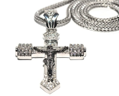 Iced Out Silver Tone Crucifixion Cross Pendant w/ 36" Franco Chain MP857R