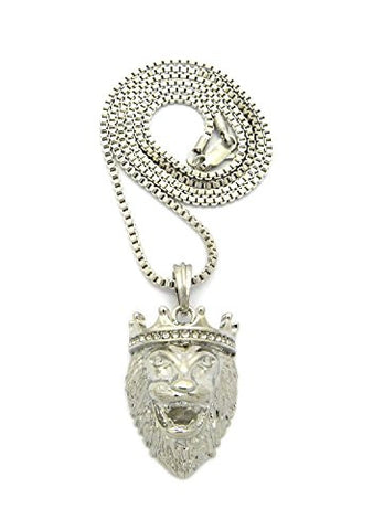 Stone Stud Crown King Lion Head Pendant w/ 2mm 24" Box Chain Necklace in Silver-Tone