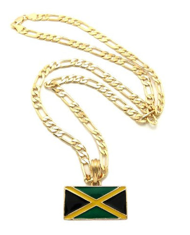 Jamaica Flag Pendant with 5mm 24" Figaro Chain Necklace - Gold-Tone