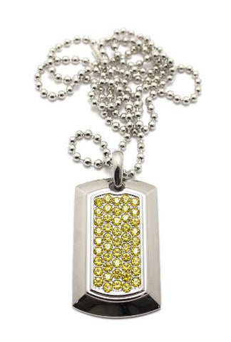 Beveled Rhinestone Dog Tag Pendant w/ Ball Chain Necklace