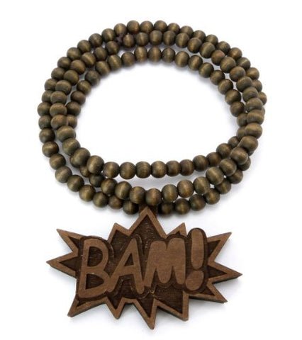 Bam! Bomb Engraved Wood Pendant Wooden Bead Chain Necklace