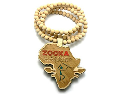 Zooka Warrior Wood Africa Pendant 36" Wooden Bead Chain Necklace in Natural-Tone WX5NL