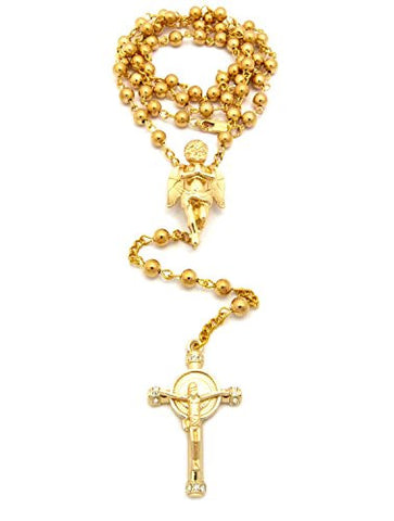 Bead Chain Rosary Necklace with Praying Angel & Halo Crucifix Cross Micro Pendants
