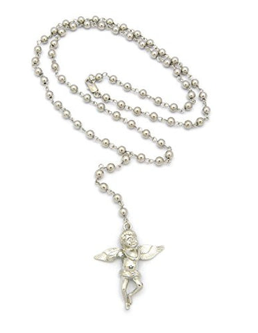 Solitaire Angel Pendant 35" CCB Beads Rosary Necklace - Silver-Tone RC415R