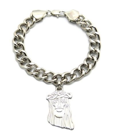 Engraved Jesus Pendant 10mm 7" Link Chain Bracelet in Silver-Tone