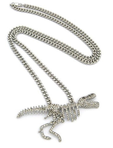 Iced Out Tyrannosaurus Dinosaur Skeleton Pendant 6mm 36" Link Chain Necklace in Silver-Tone