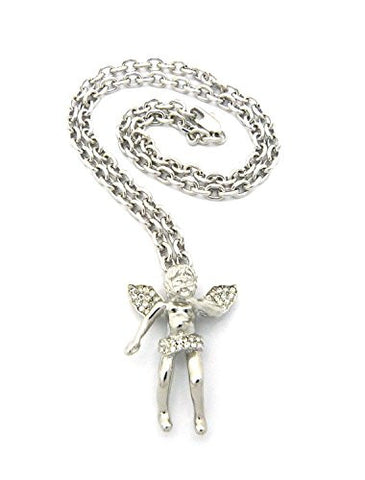 Pave Flying Angel Pendant 4mm 18" Link Chain Necklace for Women - Silver-Tone