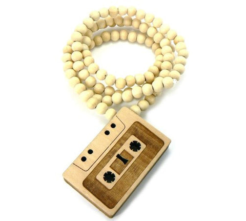 Vintage Cassette Tape Wood Pendant 36" Wooden Bead Chain Necklace in Natural-Tone WJ115NL