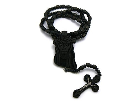 Jesus Face and Crucifix Cross Pendant Wood Rosary Necklace in Black/Silver-Tone