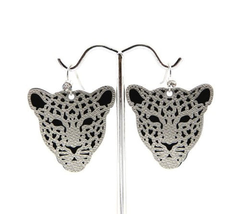 Leopard Face Drop Earrings in Silver-Tone
