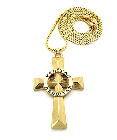 Vertias Aequitas (Truth & Justice) Cross 2mm 30" Box Chain Necklace in Gold-Tone