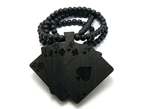 Playcards Wood Pendant 8mm 36" Wooden Bead Chain Necklace in Black
