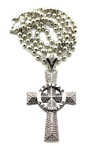 Iced Out Silver Tone VERITAS AEQUITAS Cross Pendant w/ 6mm 36" Ball Chain