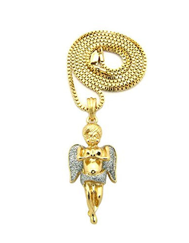 Silver Color Glittered Wing Praying Angel Pendant w/ 2mm 24" Box Chain Necklace in Gold-Tone