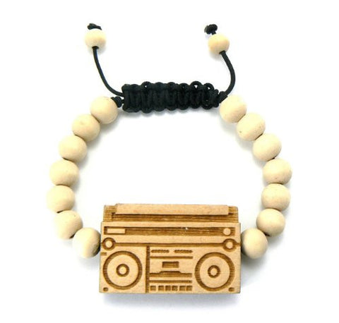 Hip Hop Boombox Wooden Pendant Wood Bead Chain Bracelet in Natural-Tone WB4NL