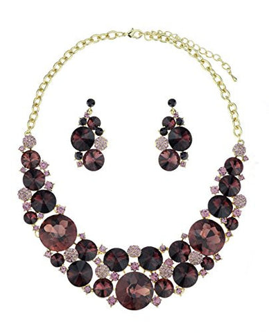 Crystal Ball Accent Round Cut Purple Stone Cluster Necklace and Earrings Set