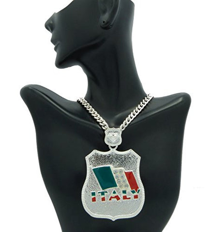 Italy Flag Badge Pendant with 6mm 36" Cuban Link Chain Necklace in Silver-Tone OP143R