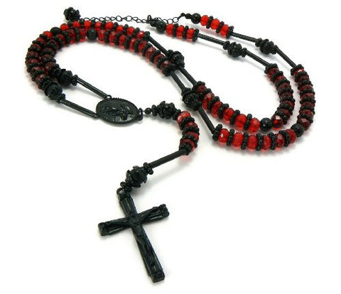 Praying Hands Crucifix Cross Pendant 39" Red Glass Bead Rosary Necklace - Black/Red HR200BKRD