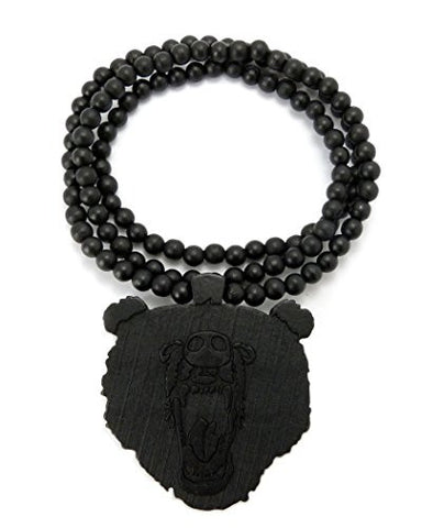 Roaring Bear Wood Pendant 36" Wooden Bead Chain Necklace in Black-Tone WX72BK