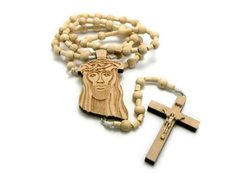 Jesus Face and Crucifix Cross Pendant Wood Rosary Necklace in Natural-Tone