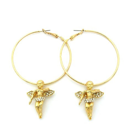 Rhinestone Cherub Angel Charm Hoop Earrings in Gold Tone RE3G