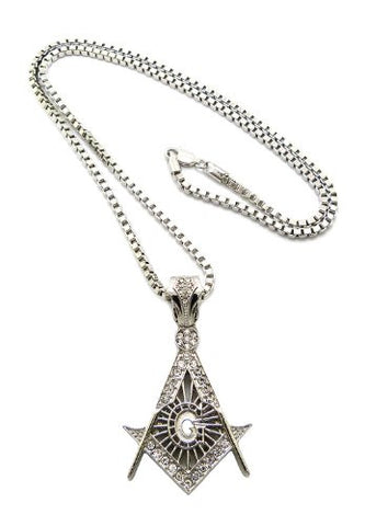 Silver Tone Rhinestone Square and Compass Pendant w/ 3mm 24" Box Chain