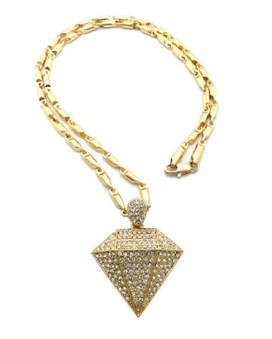 Iced out Diamond Shape Gold Tone Pendant w/ 4mm 24" Bullet Chain XZ92G