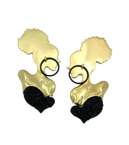 Gold Tone Silhouette Design w/ Black Rhinestone Drop Earrings JE1059GDBLK