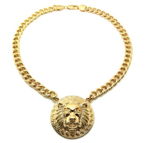 Lion Medal Charm 10mm 18" Link Chain Necklace Gold-Tone