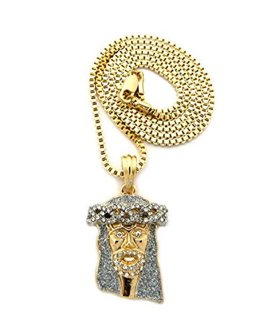 Pave Crown Jesus Silver-Color Glitter Micro Pendant 2mm 24" Box Chain Necklace in Gold-Tone
