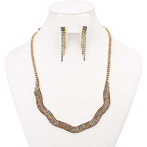 Curvy Multi-Row Rhinestone Pave Necklace and Earrings Jewelry Set