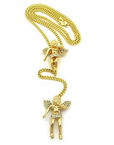 Pave Floating and Fly Angel Pendant 3.5mm 27" Cuban Link Chain Y Necklace - Gold-Tone