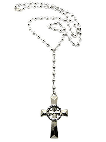 Truth & Justice Solid Veritas Aequitas Cross Pendant 6mm CCB Bead Rosary Necklace in Silver-Tone