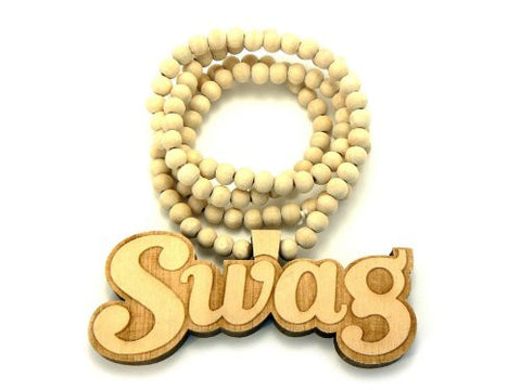 Swag Wood Pendant 36" Wooden Bead Chain Hip Hop Necklace in Natural-Tone WJ114NL